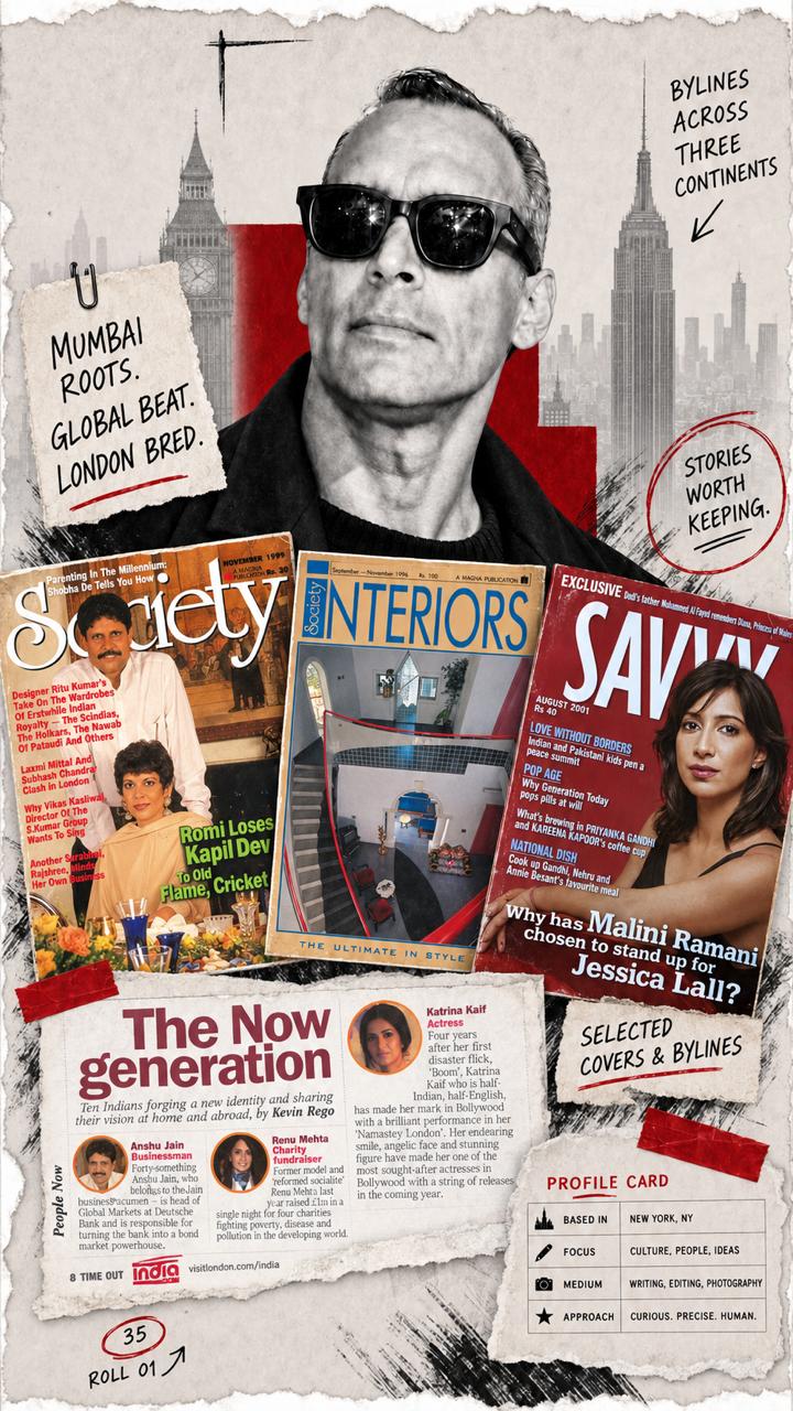 Kevin Rego profile collage featuring selected magazine covers and bylines